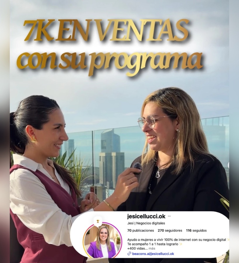 Jesi junto a Clara Pérez, con el texto «7K en ventas con su programa»